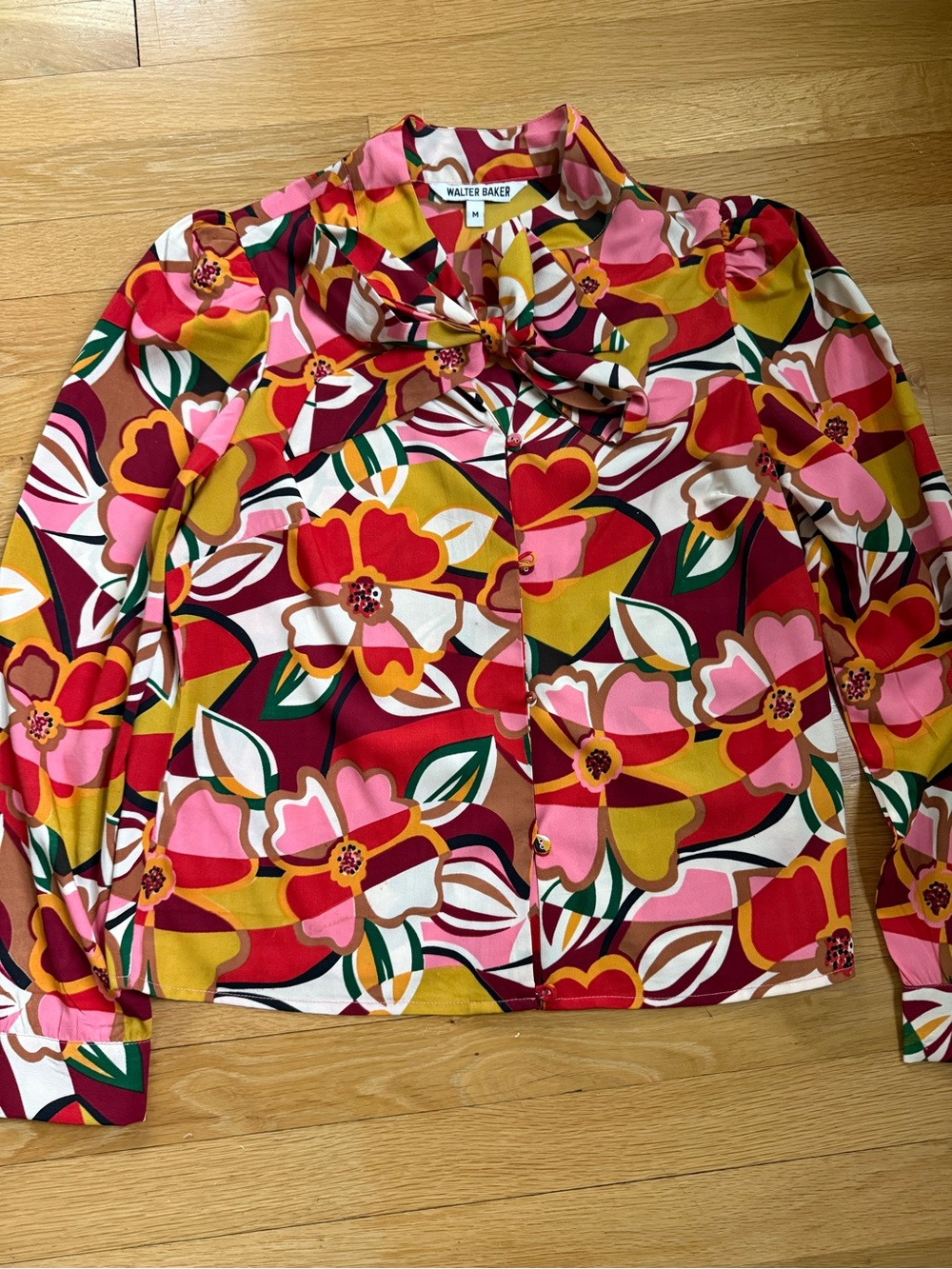 Walter Baker Vibrant Floral Tie-Neck Blouse in Pink, Red & Mustard
